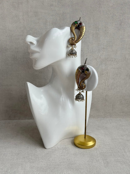 Ayura Designs Moorni Earrings – Dual Tone Oxidised Peacock Ear Climbers with Multicolour Stones & Pearl Jhumki Drops