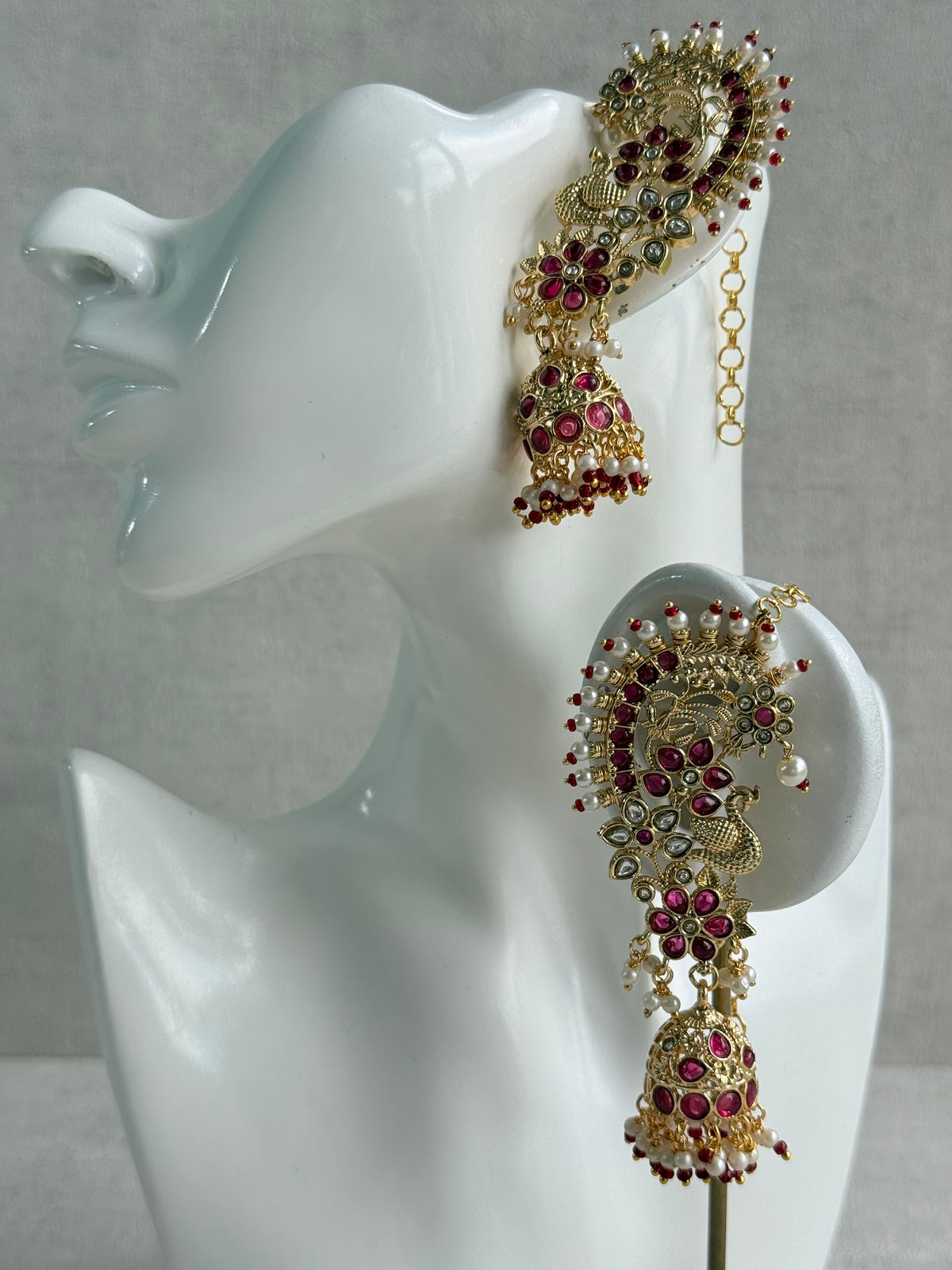 Ayura Designs Nitya Kaanphool Jhumkis – Gold Peacock Motifs, Pink Kundan & Pearl Drops with Attached Sahare