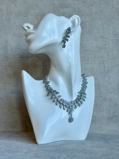 Ayura Designs Vivienne Set with Necklace & Earrings – Silver Finish with Teardrop Crystals and Clustered Leaf Detailing