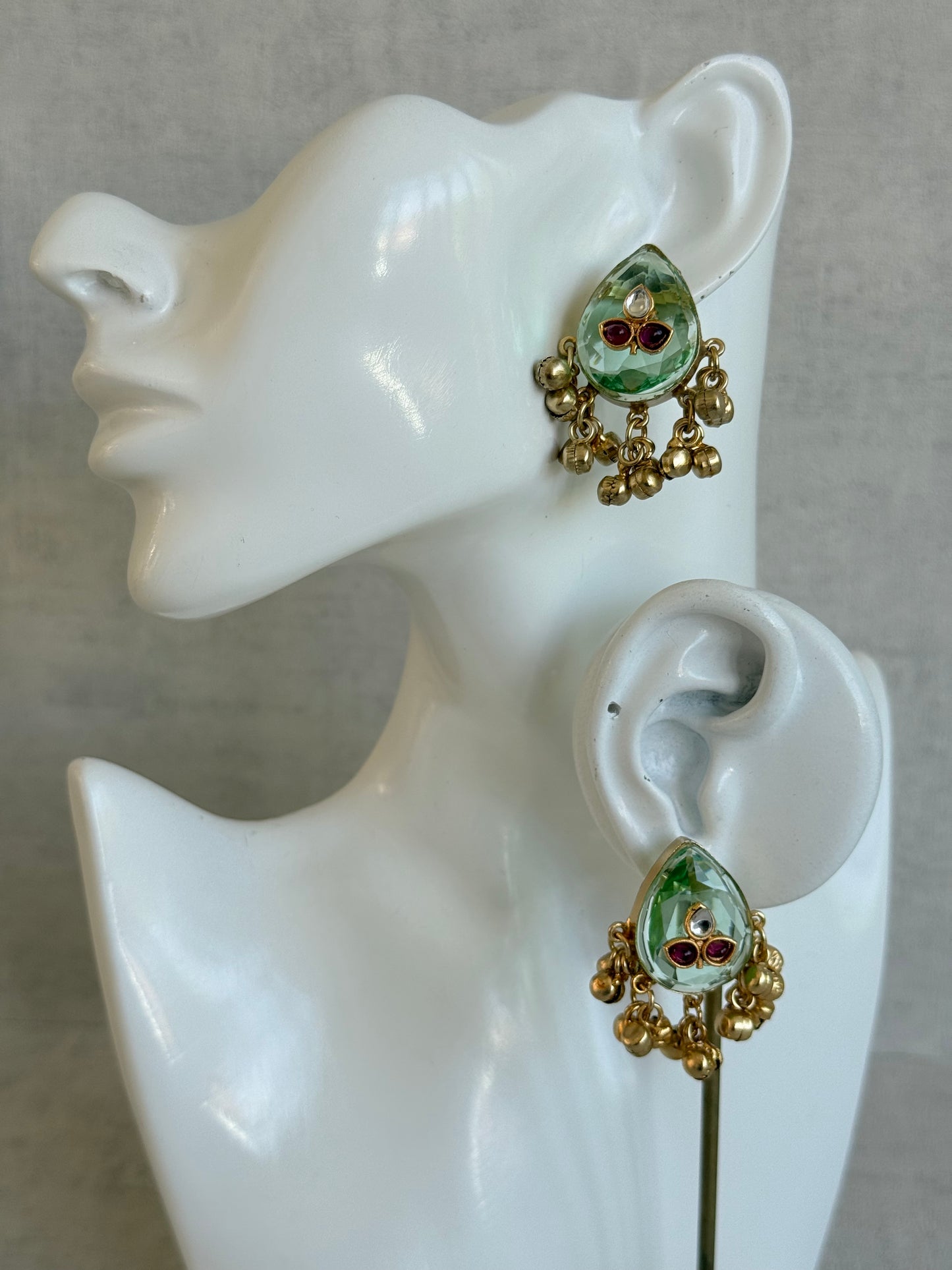 Ayura Designs Aykai Earrings – Pistachio Teardrop Stud Earrings with Clear Kundan Stones and Gold Ghungroo Drops