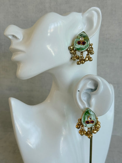 Ayura Designs Aykai Earrings – Pistachio Teardrop Stud Earrings with Clear Kundan Stones and Gold Ghungroo Drops