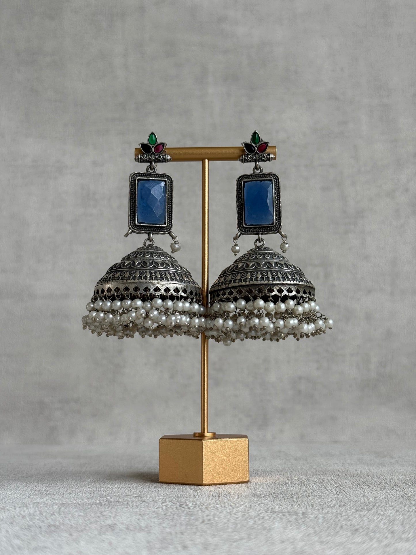 Ayura Designs Zeba Earrings – Oxidised Statement Jhumkis in Ink Blue & Multicolour Stones with Pearl Detailing