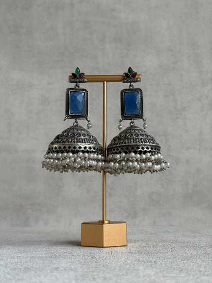 Ayura Designs Zeba Earrings – Oxidised Statement Jhumkis in Ink Blue & Multicolour Stones with Pearl Detailing