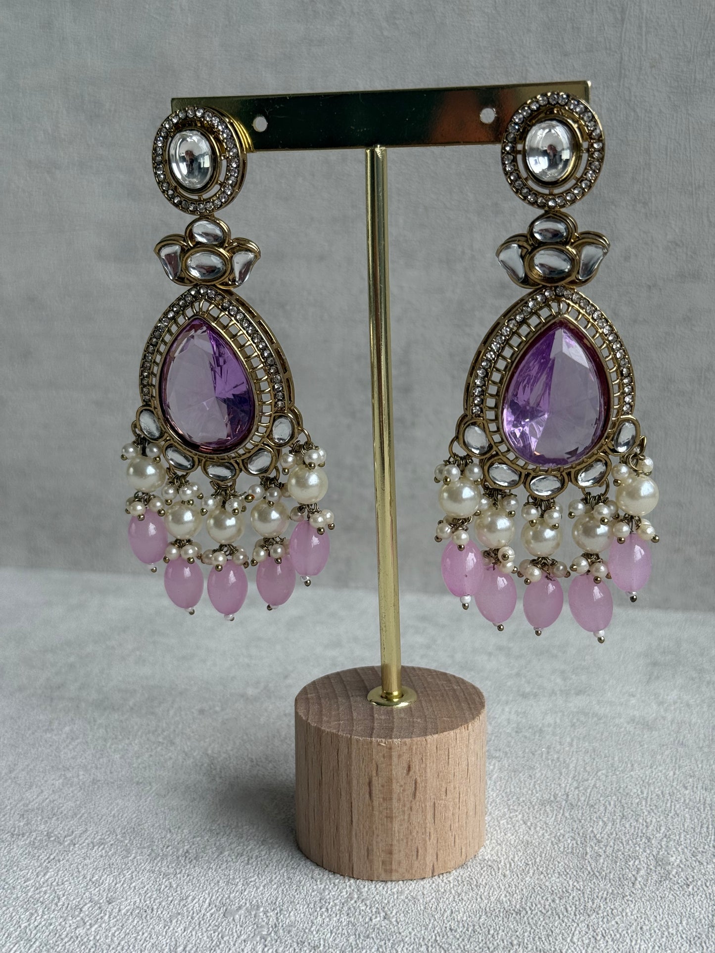 Ayura Designs Nageen Earrings – Antique Gold Jhumkis with Lilac Stones, Mirror-Cut Accents & Pearl Drops