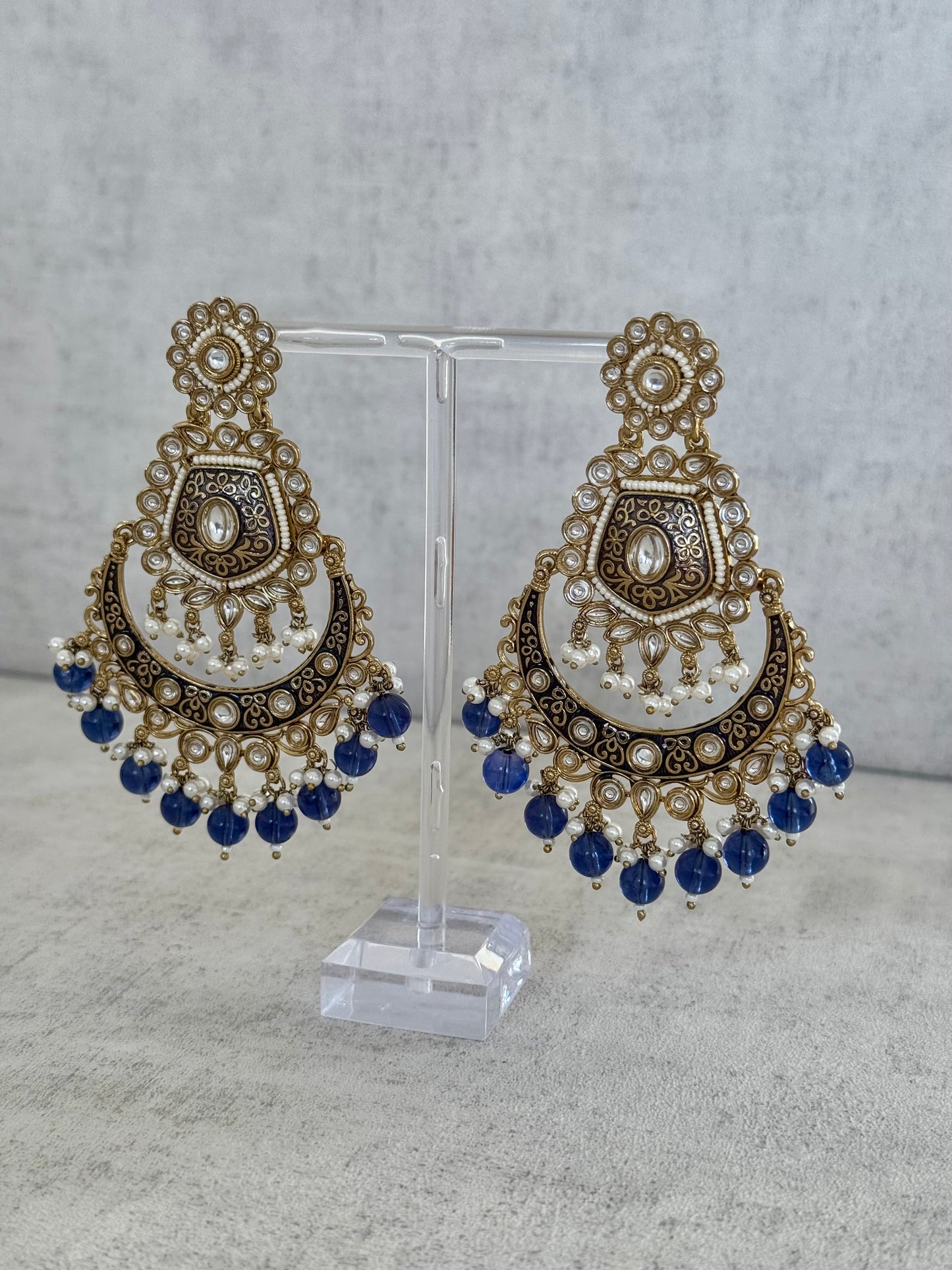 Ayura Designs Safa Antique Gold-Plated Chandbali Earrings with Pearl and Blue Bead Accents