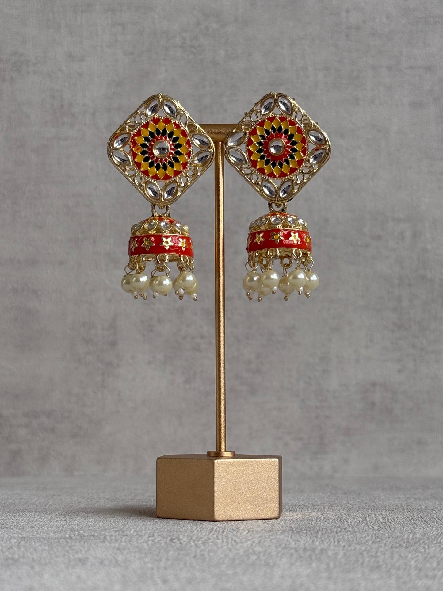 Ayura Designs Rangoli Jhumkis – Marigold Yellow, Ruby Red & Green Meenakari with Pearl Drops in Antique Gold Finish