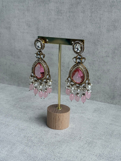Ayura Designs Nageen Earrings – Antique Gold Jhumkis with Rose Pink Stones, Mirror-Cut Accents & Pearl Drops