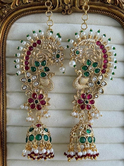 Ayura Designs Nitya Kaanphool Jhumkis – Gold Half Ear Cuff Earrings, Peacock Motifs, Pink & Emerald Green Kundan, Pearl Drops & Sahare
