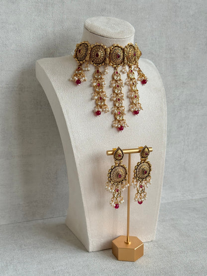 Ayura Designs Kabini Choker Set with Earrings – Gold Kundan Waterfall Choker with Ruby Pink Beads & Pearls