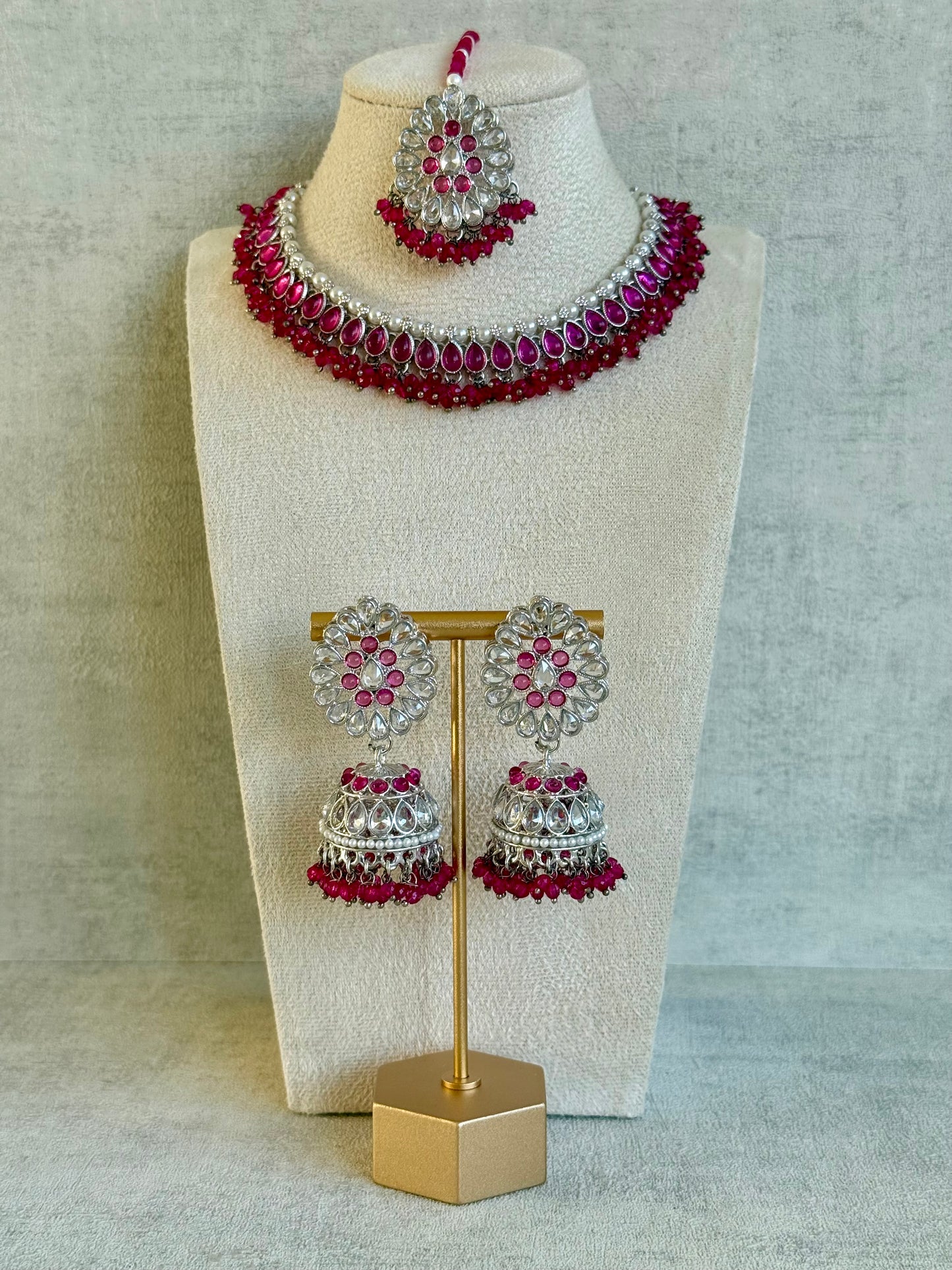 Ayura Designs Saima Set – Necklace, Jhumkis & Tikka in Fuchsia Pink with Silver Finish