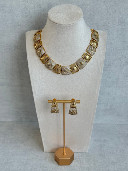 Ayura Designs Vibha Necklace & Stud Earrings Set – Gold Floral Statement Design with Crystal Detailing