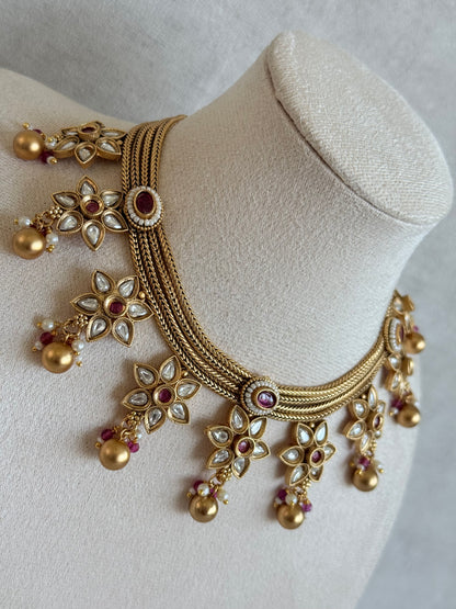 Ayura Designs Daksha Necklace Set with Earrings – Gold Layered Chain Necklace with Ruby Pink Kundan Floral Motifs