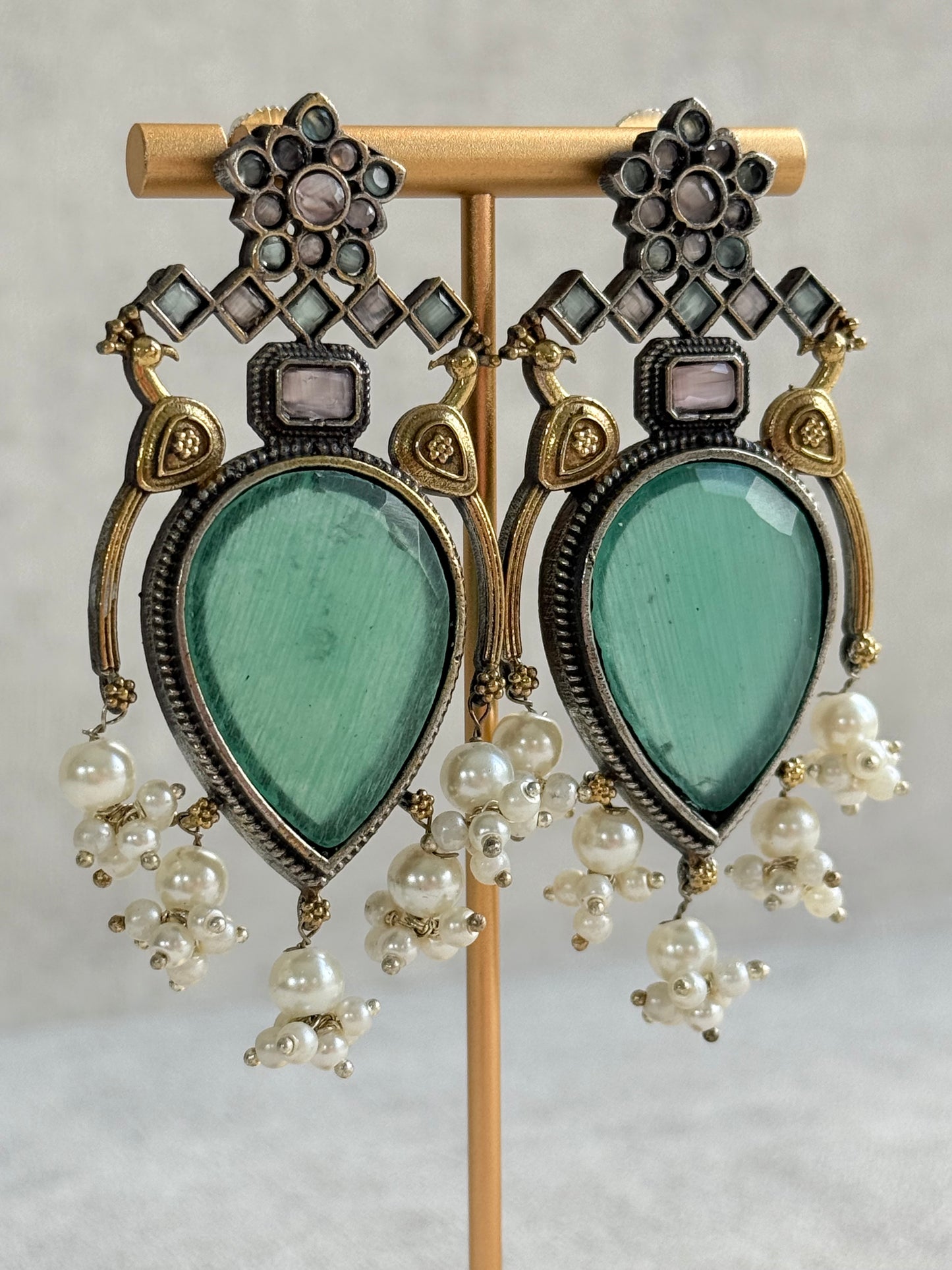 Ayura Designs Kafila Earrings – Dual Tone Oxidised Earrings with Peacock Motifs, Mint Green & Blush Pink Stones