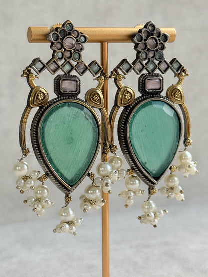 Ayura Designs Kafila Earrings – Dual Tone Oxidised Earrings with Peacock Motifs, Mint Green & Blush Pink Stones