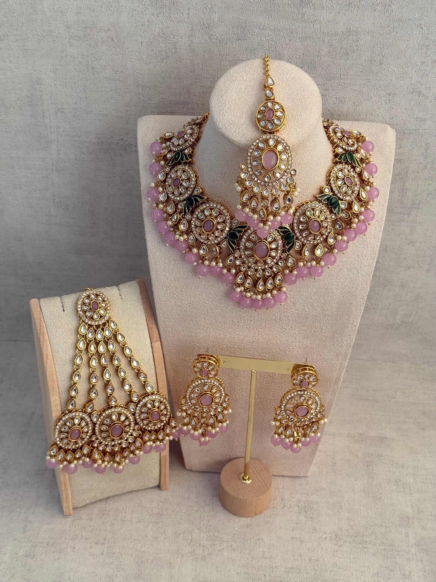 Ayura Designs Zara Set with Necklace, Earrings, Tikka & Passa – Antique Gold with Kundan Detailing & Lilac Stones & Beads