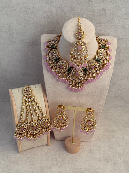 Ayura Designs Zara Set with Necklace, Earrings, Tikka & Passa – Antique Gold with Kundan Detailing & Lilac Stones & Beads
