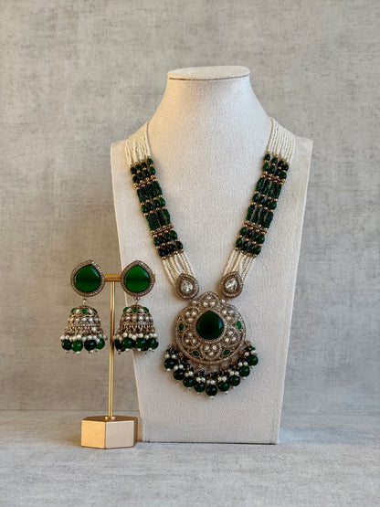 Ayura Designs Brielle Set – Necklace & Jhumkis with Mirror-Cut Stones, Emerald Green & Ivory Beads