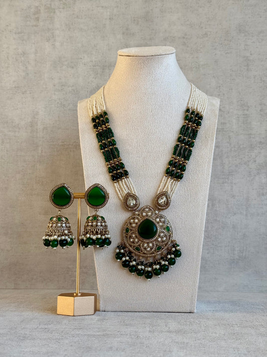Ayura Designs Brielle Set – Necklace & Jhumkis with Mirror-Cut Stones, Emerald Green & Ivory Beads