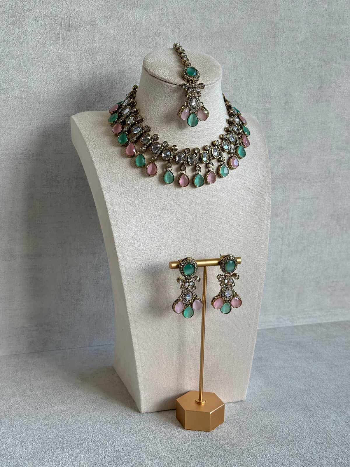 Ayura Designs Ava Necklace Set with Earrings & Tikka – Mint Green & Blush Pink Stone Necklace Set in Antique Gold Finish