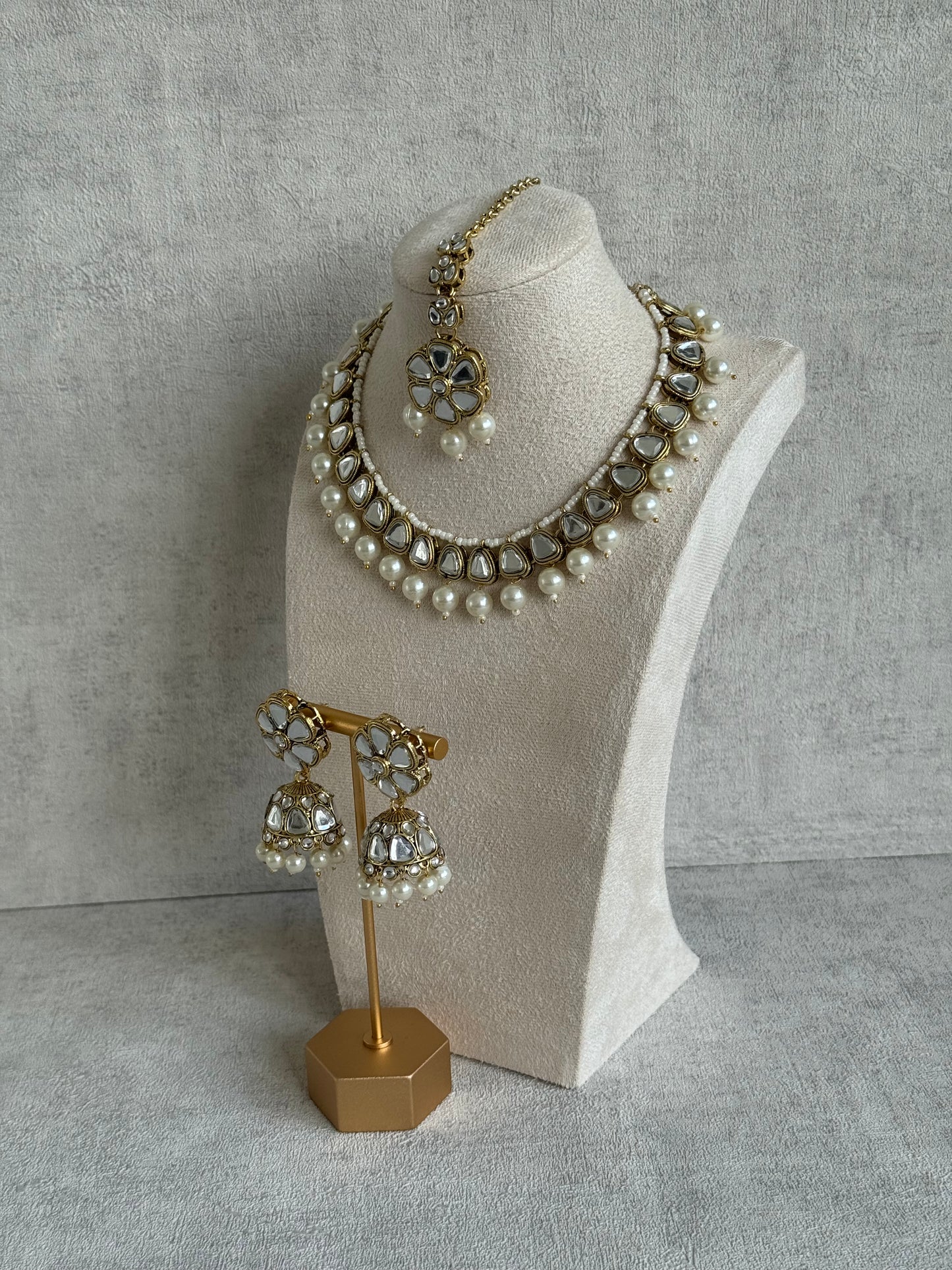 Ayura Designs Mishal Set with Jhumkis & Tikka – Ivory Pearls & Mirror-Cut Stones
