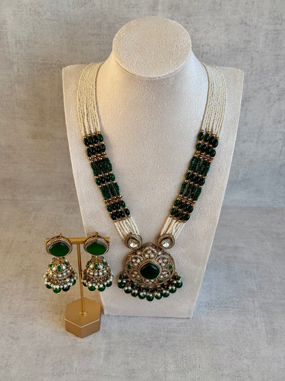 Ayura Designs Brielle Set – Necklace & Jhumkis with Mirror-Cut Stones, Emerald Green & Ivory Beads