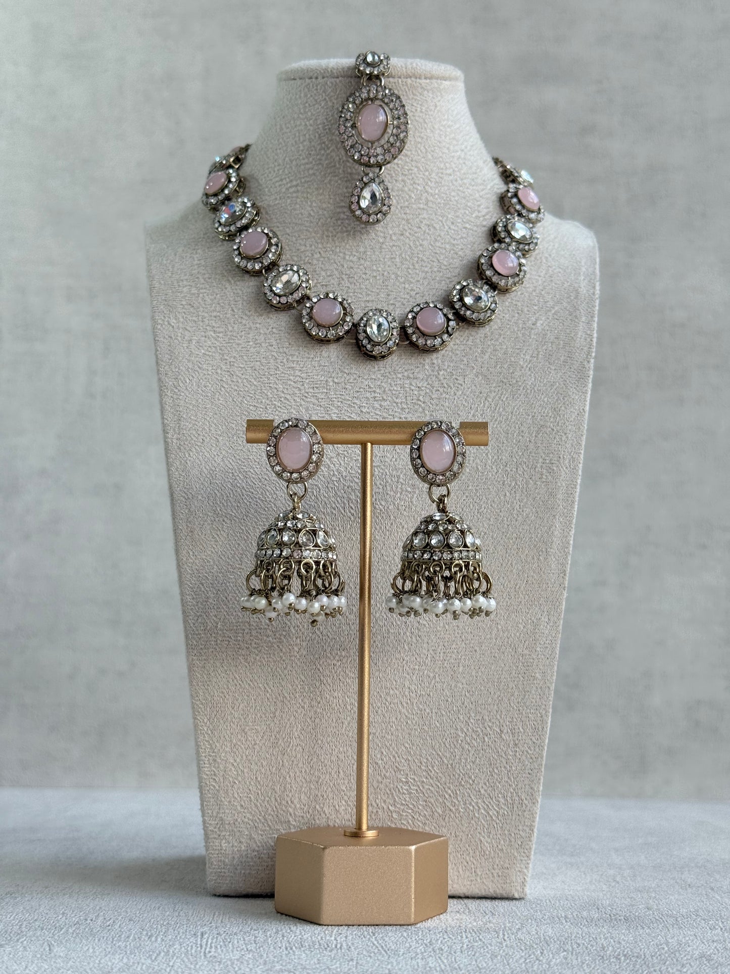 Ayura Designs Eira Necklace Set with Earrings & Tikka – Blush Pink & Crystal Stones with Antique Gold Finish