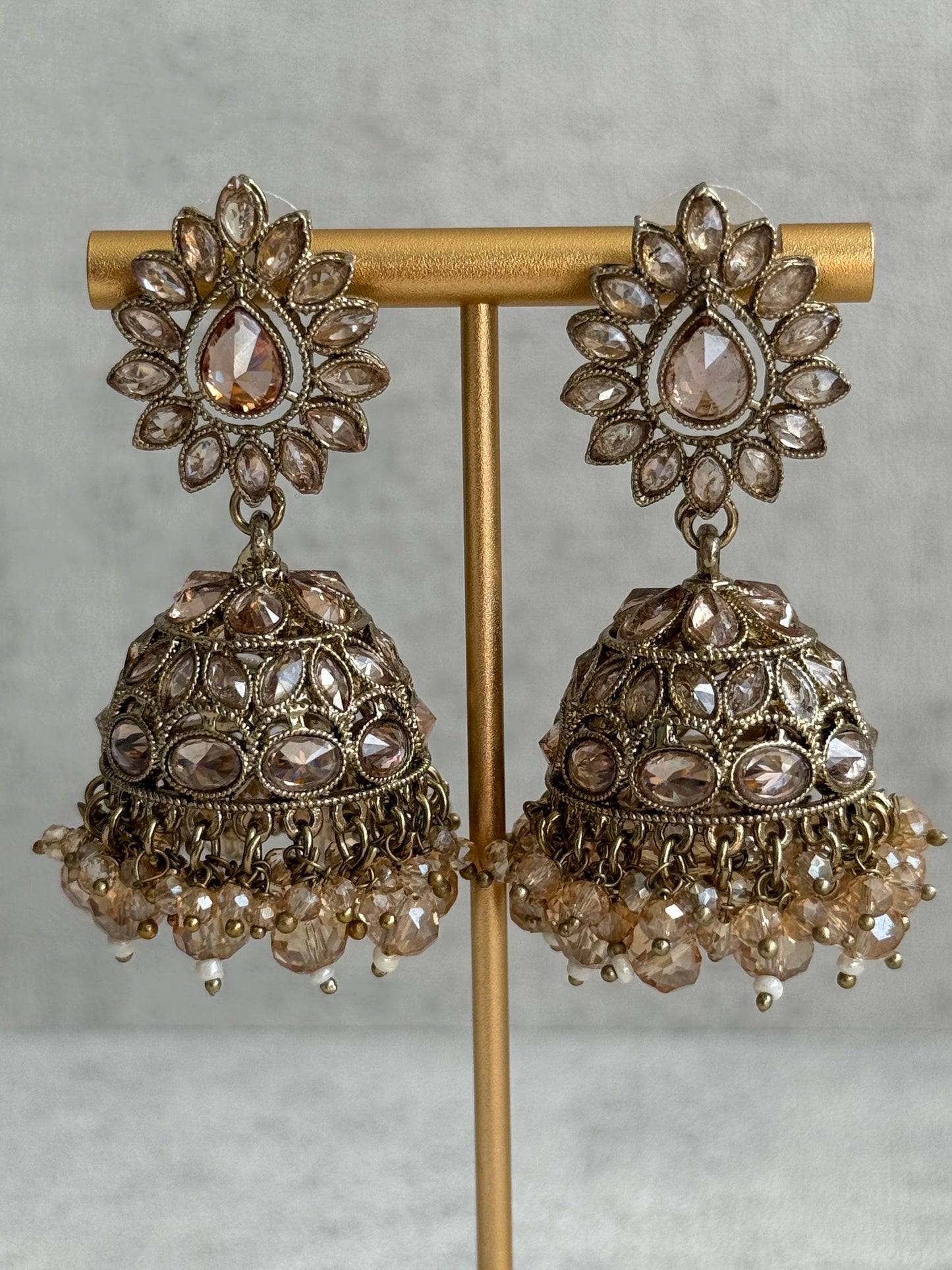 Ayura Designs Emaan Set with Jhumkis & Tikka – Champagne Stones, Antique Gold Finish & Crystal Detailing