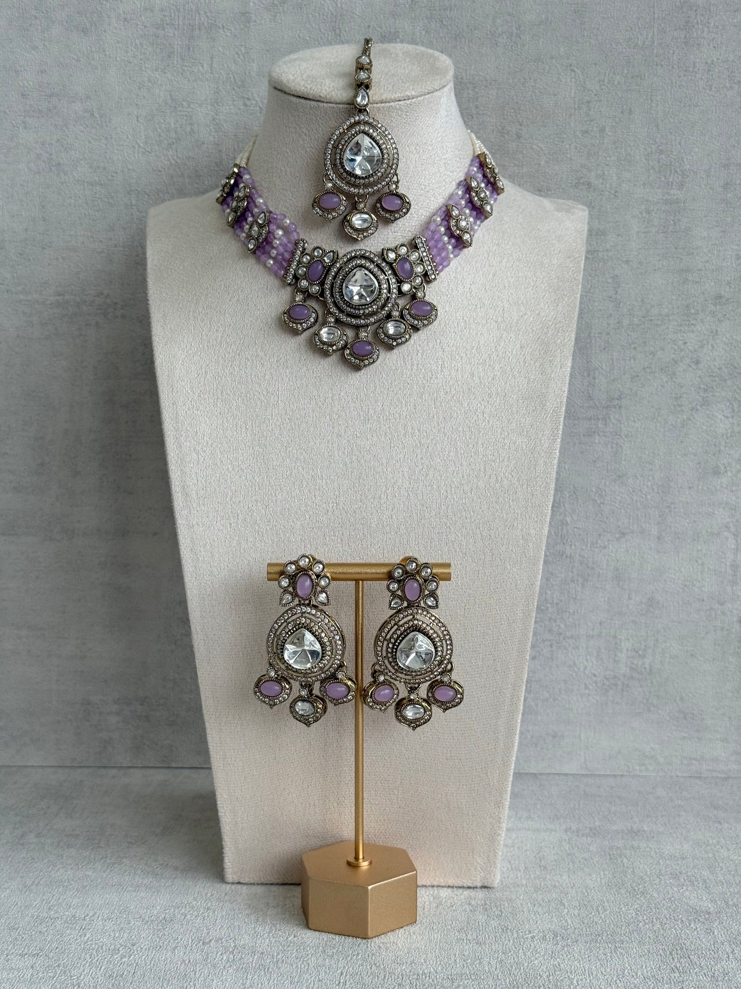 Ayura Designs Rahi Necklace Set with Earrings & Tikka – Lilac Stones with Mirror-Cut Detailing & Pearl Strands