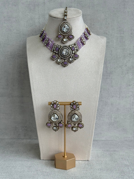 Ayura Designs Rahi Necklace Set with Earrings & Tikka – Lilac Stones with Mirror-Cut Detailing & Pearl Strands