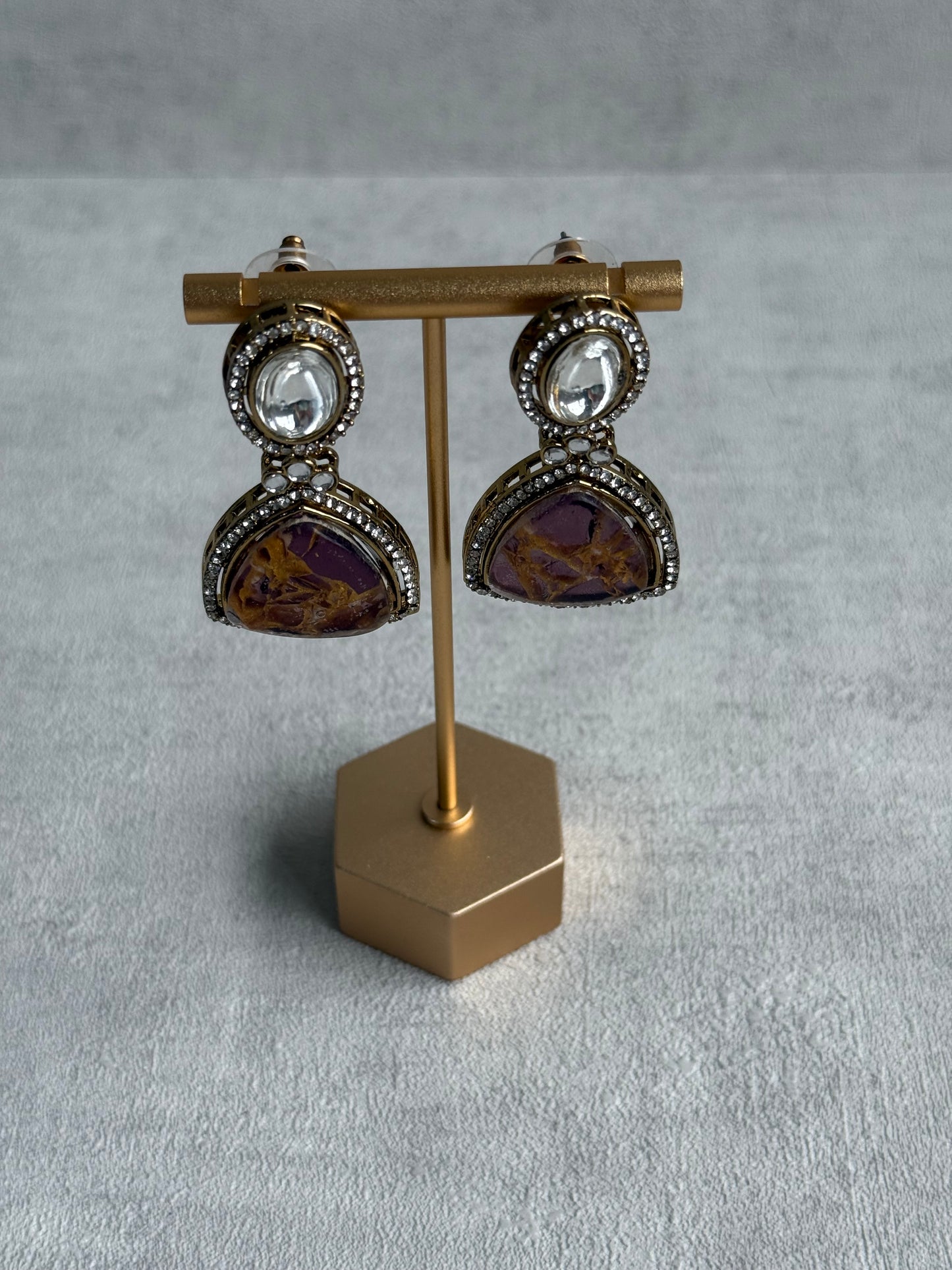 Ayura Designs Florence Earrings – mirror cut studs with Berry Pink Marble Resin & Crystal Borders