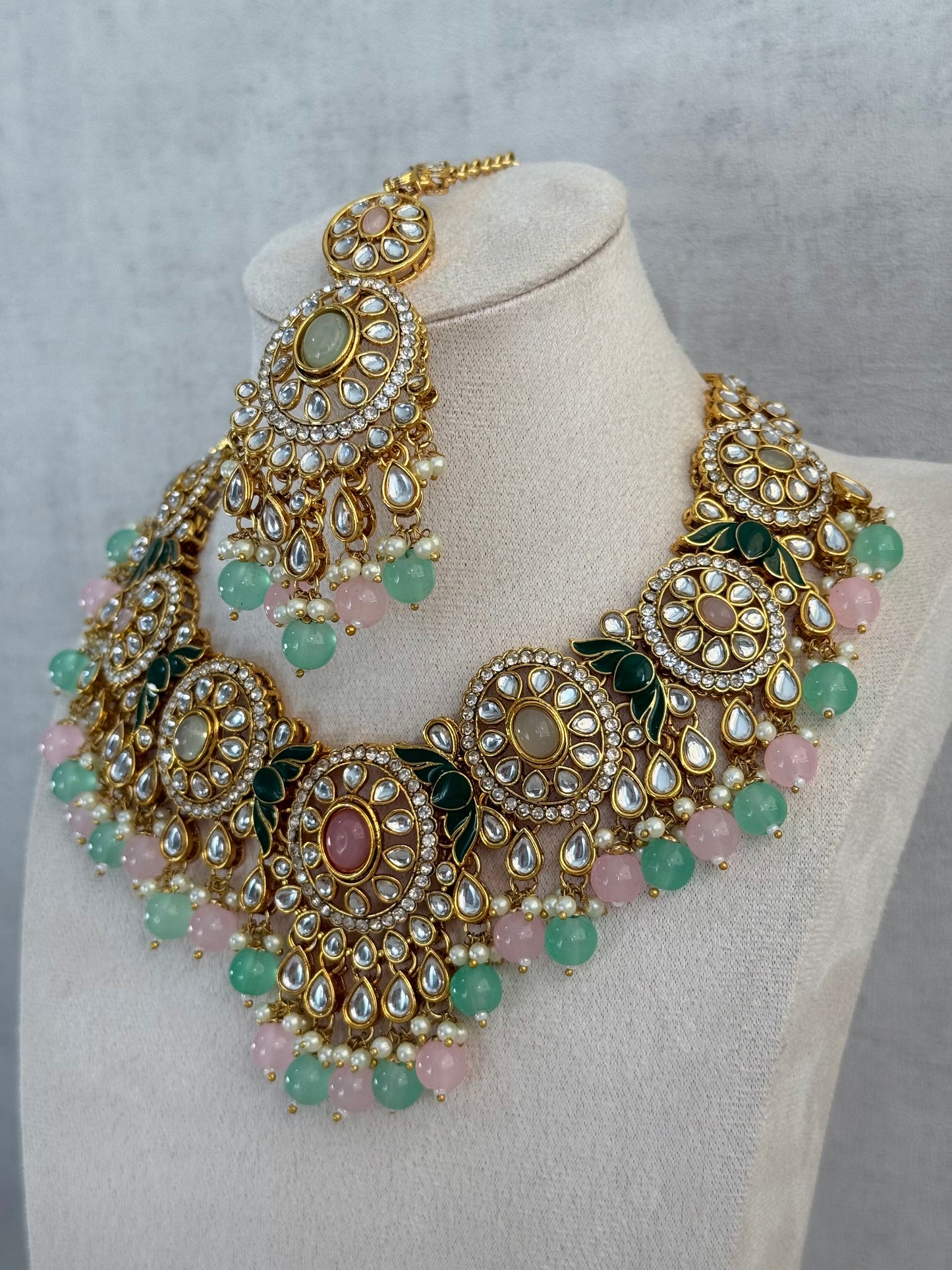 Ayura Designs Zara Set with Necklace, Earrings, Tikka & Passa – Antique Gold with Kundan Detailing & Mint Green & Blush Pink Beads