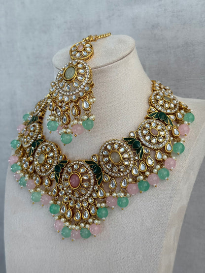 Ayura Designs Zara Set with Necklace, Earrings, Tikka & Passa – Antique Gold with Kundan Detailing & Mint Green & Blush Pink Beads