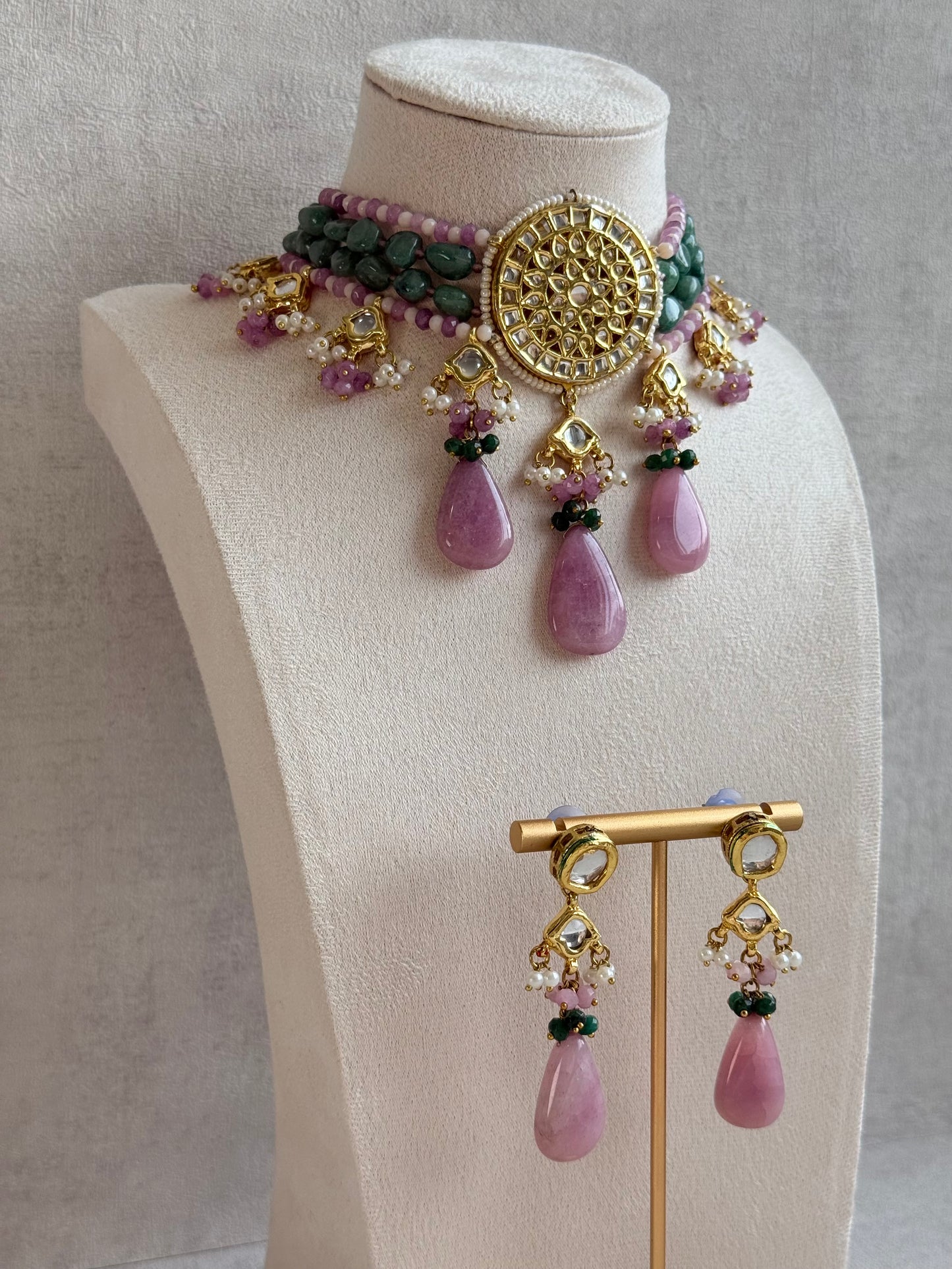 Ayura Designs Rabeeya Kundan Choker Set with Earrings – Blush Pink & Emerald Green Bead Detailing