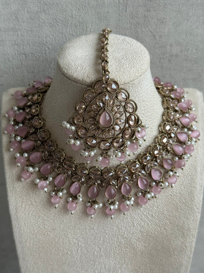 Ayura Designs Emaan Set – Necklace, Jhumkis & Tikka with Blush Pink Stones, Ivory Pearls & Champagne Gold Finish