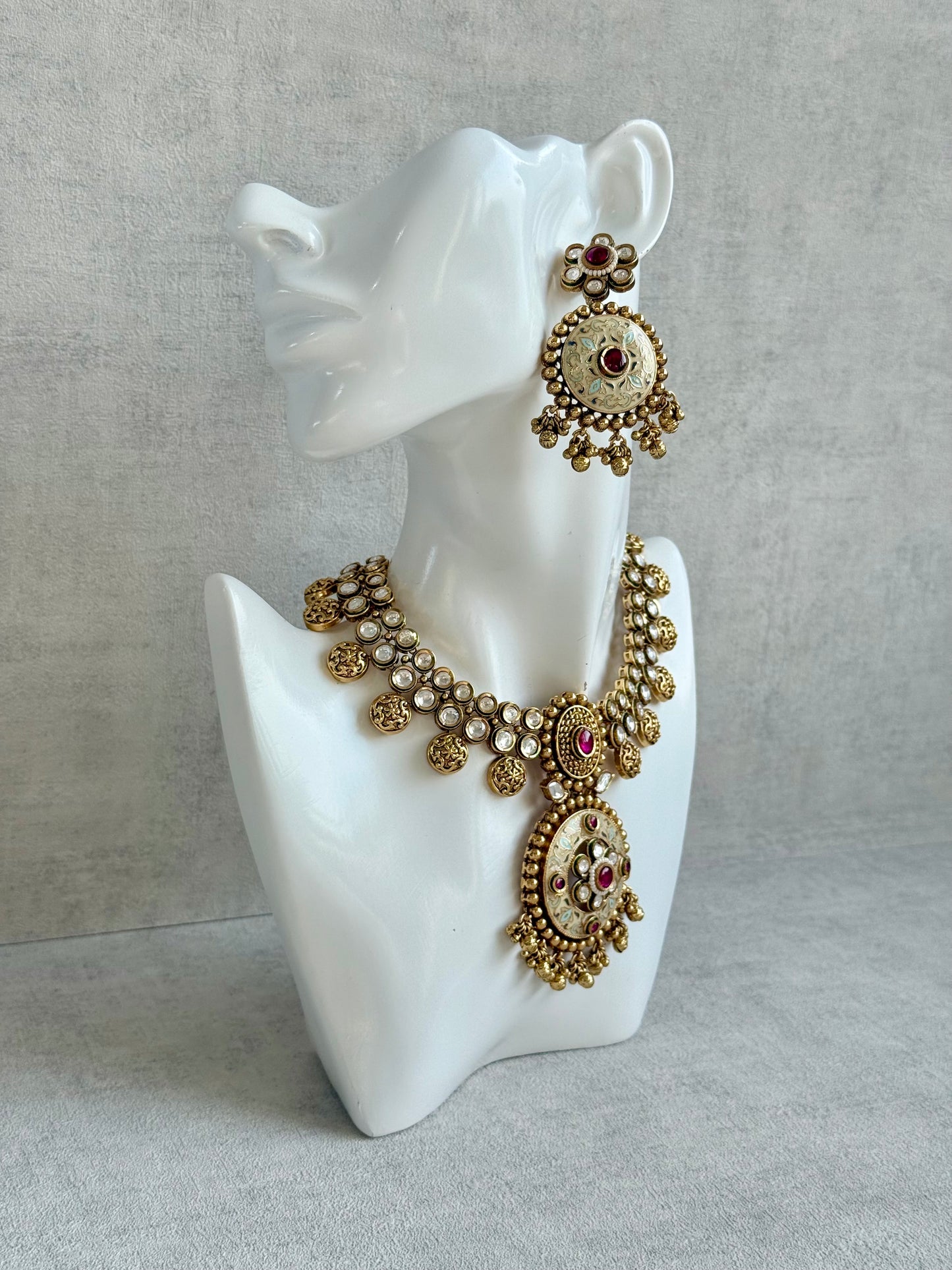 Ayura Designs Zayna Set with Necklace & Earrings – Ivory Meenakari with Rani Pink Stones