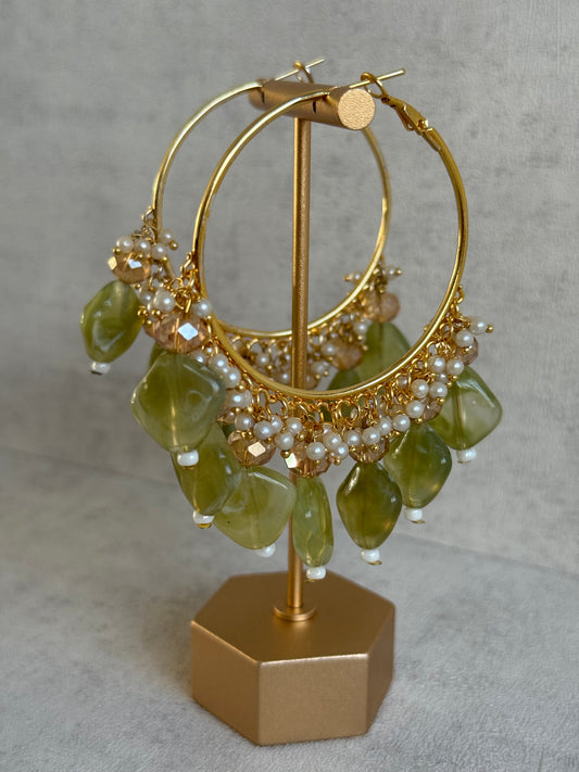Ayura Designs Heer Balis – Gold Hoops with Olive Marble Beads, Pearls & Crystal Detailing