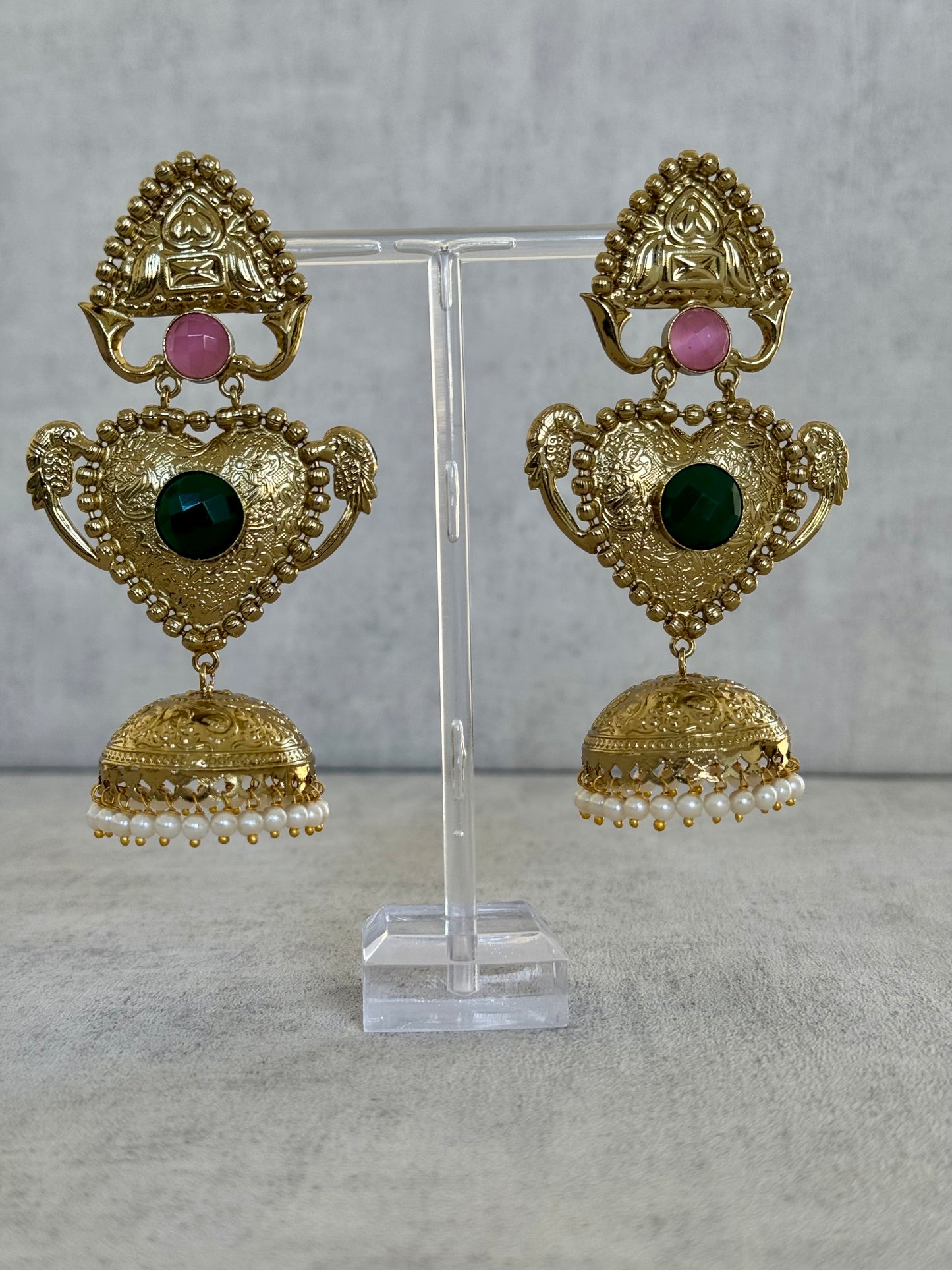 Ayura Designs Dil Earrings – Gold Brass Earrings with Green & Pink Stone Accents and Pearl Jhumka Detailing