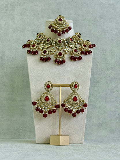 Ayura Designs Janvi Set with Necklace, Earrings & Tikka – Kundan Detailing, Ruby Red Beads & Ivory Pearl Drops