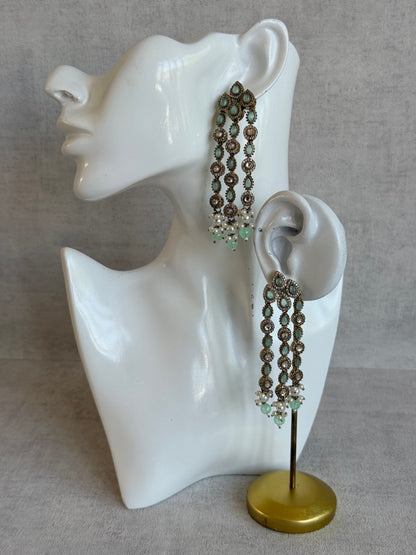 Ayura Designs Emilia Earrings – Gold Triple Strand Statement Earrings with Mint Green Stones & Pearl Drops