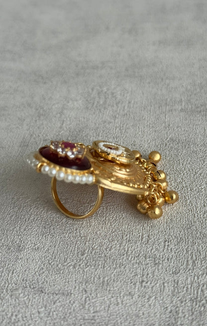 Ayura Designs Sorcha Adjustable Ring – Rose Pink Enamel, Pearl Detailing, Antique Gold & Mirror-Cut Stones