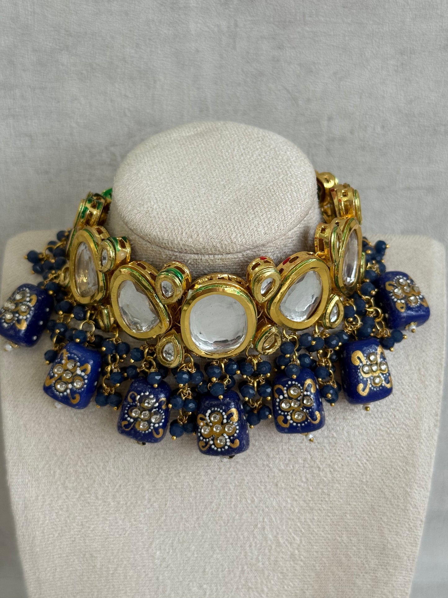 Ayura Designs Gyan Set With Choker And Earrings – Kundan Stones And Navy Blue Meenakari Drops