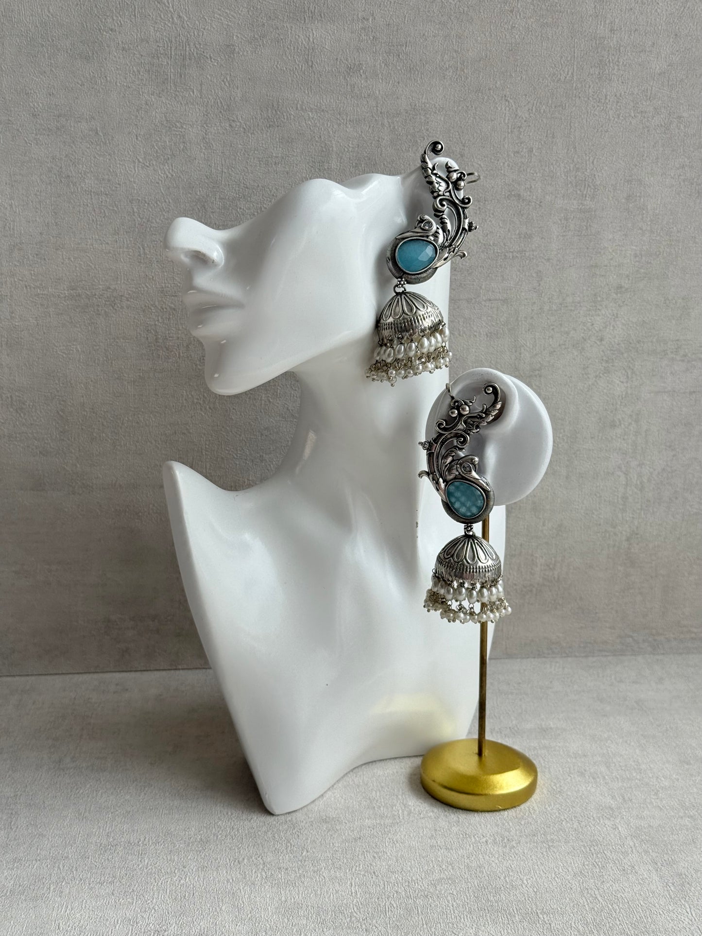Ayura Designs Manzil Earrings – Oxidised Silver Ear Cuff Jhumkis with Aqua Stones & Pearl Detailing