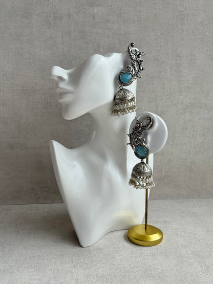 Ayura Designs Manzil Earrings – Oxidised Silver Ear Cuff Jhumkis with Aqua Stones & Pearl Detailing