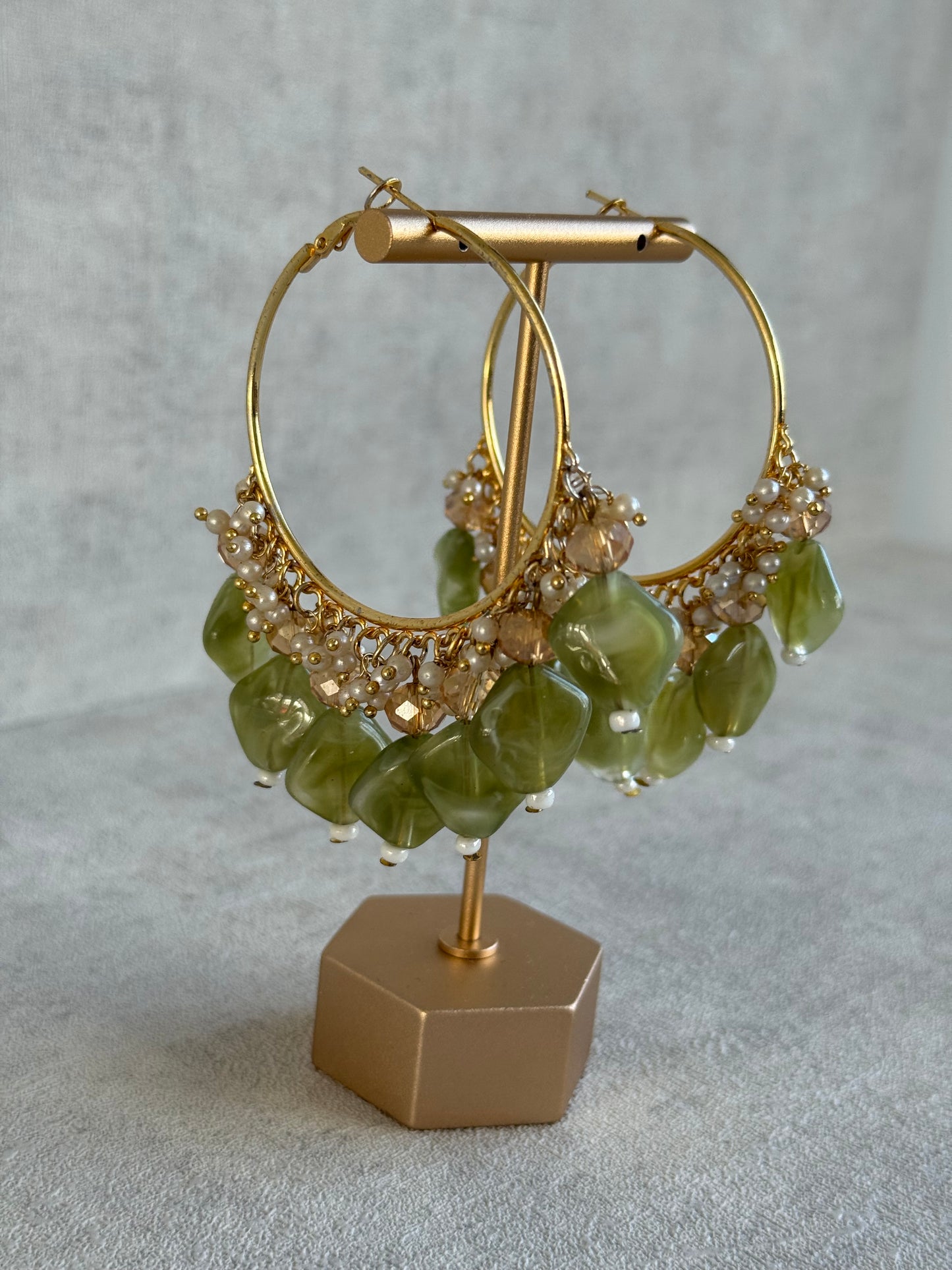 Ayura Designs Heer Balis – Gold Hoops with Olive Marble Beads, Pearls & Crystal Detailing