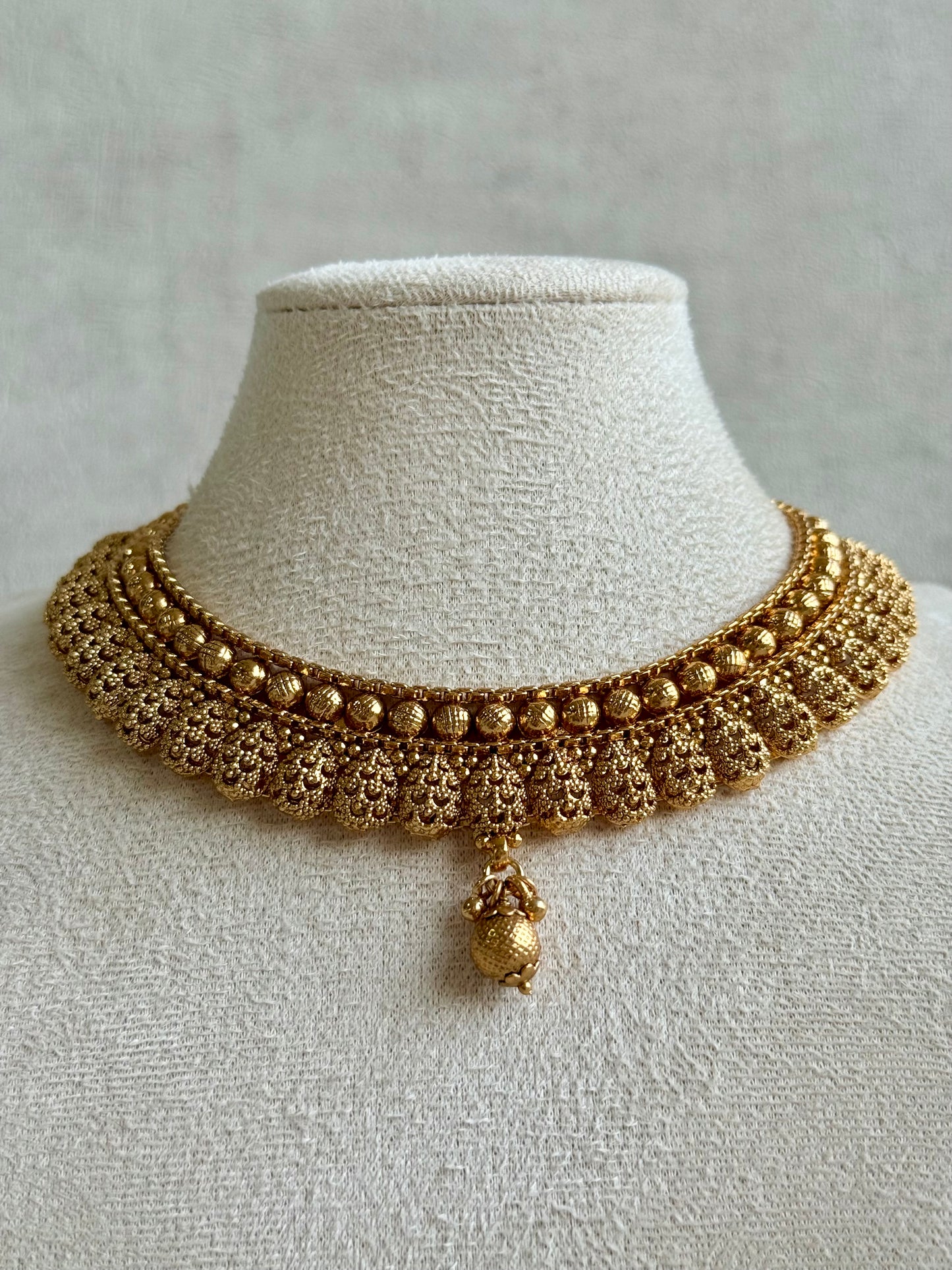Ayura Designs Chirag Necklace Set with Earrings – Matte Gold Textured Dome Drops