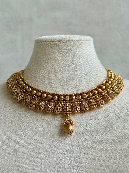 Ayura Designs Chirag Necklace Set with Earrings – Matte Gold Textured Dome Drops