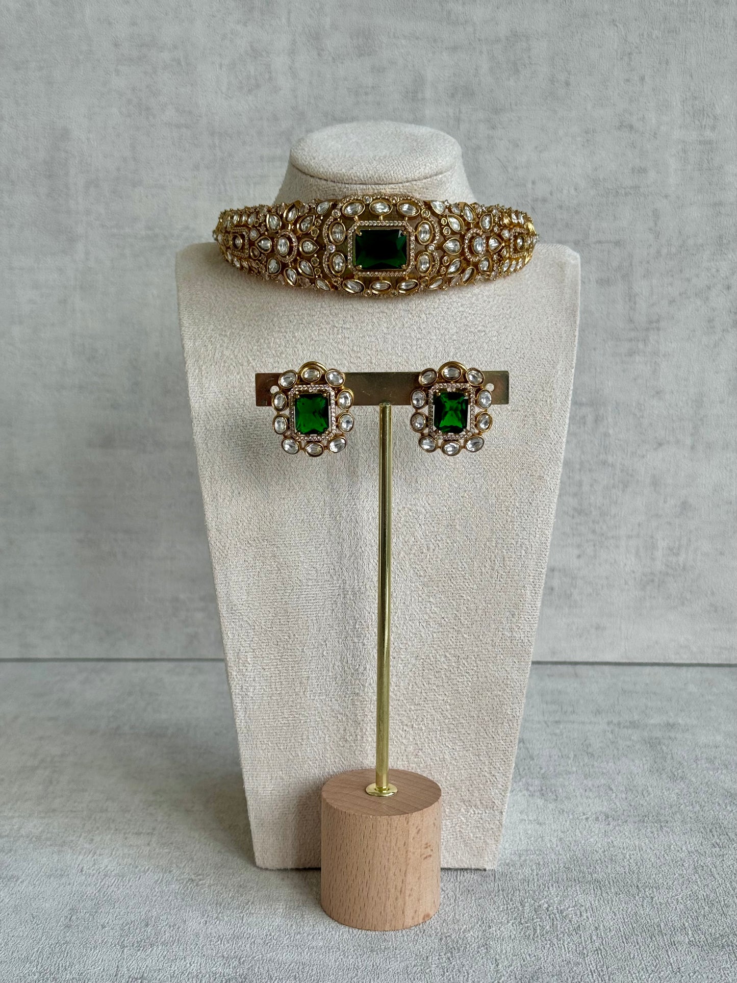 Ayura Designs Akasha Choker Set with Stud Earrings – Emerald Green Moissanite Stones & Antique Gold Finish