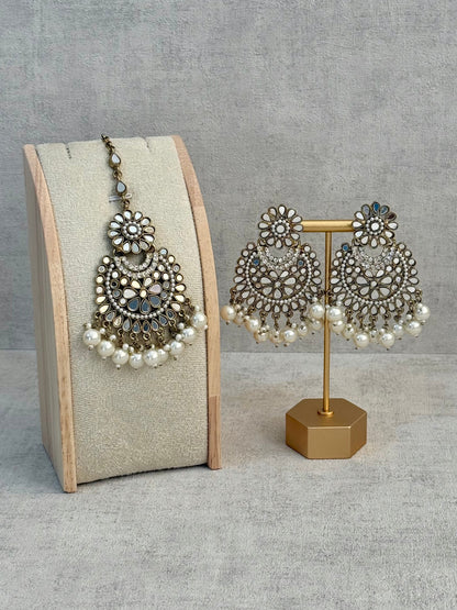 Ayura Designs Sheesha Tikka Set with Earrings – Antique Gold Mirror Detailing with Pearl Drops