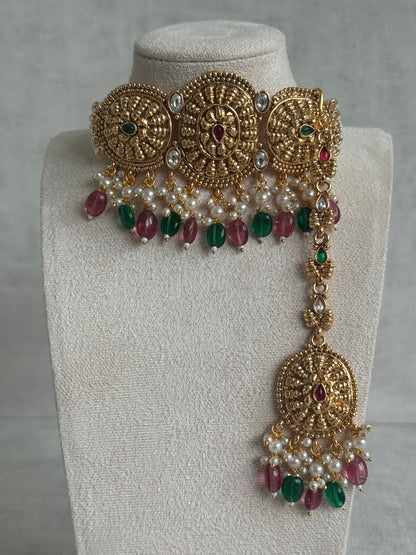 Ayura Designs Tanveer Choker Set with Earrings & Tikka – Antique Gold with Mirror-Cut Stones, Ruby & Emerald Beads