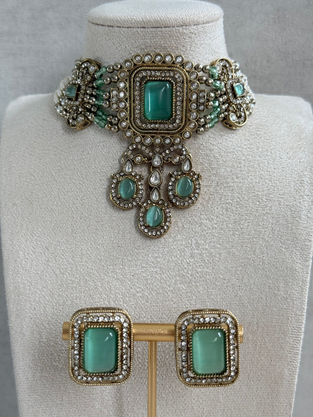 Ayura Designs Nabiha Choker Set with Studs – Aqua Green Stones, Pearl Detailing & Antique Gold Finish